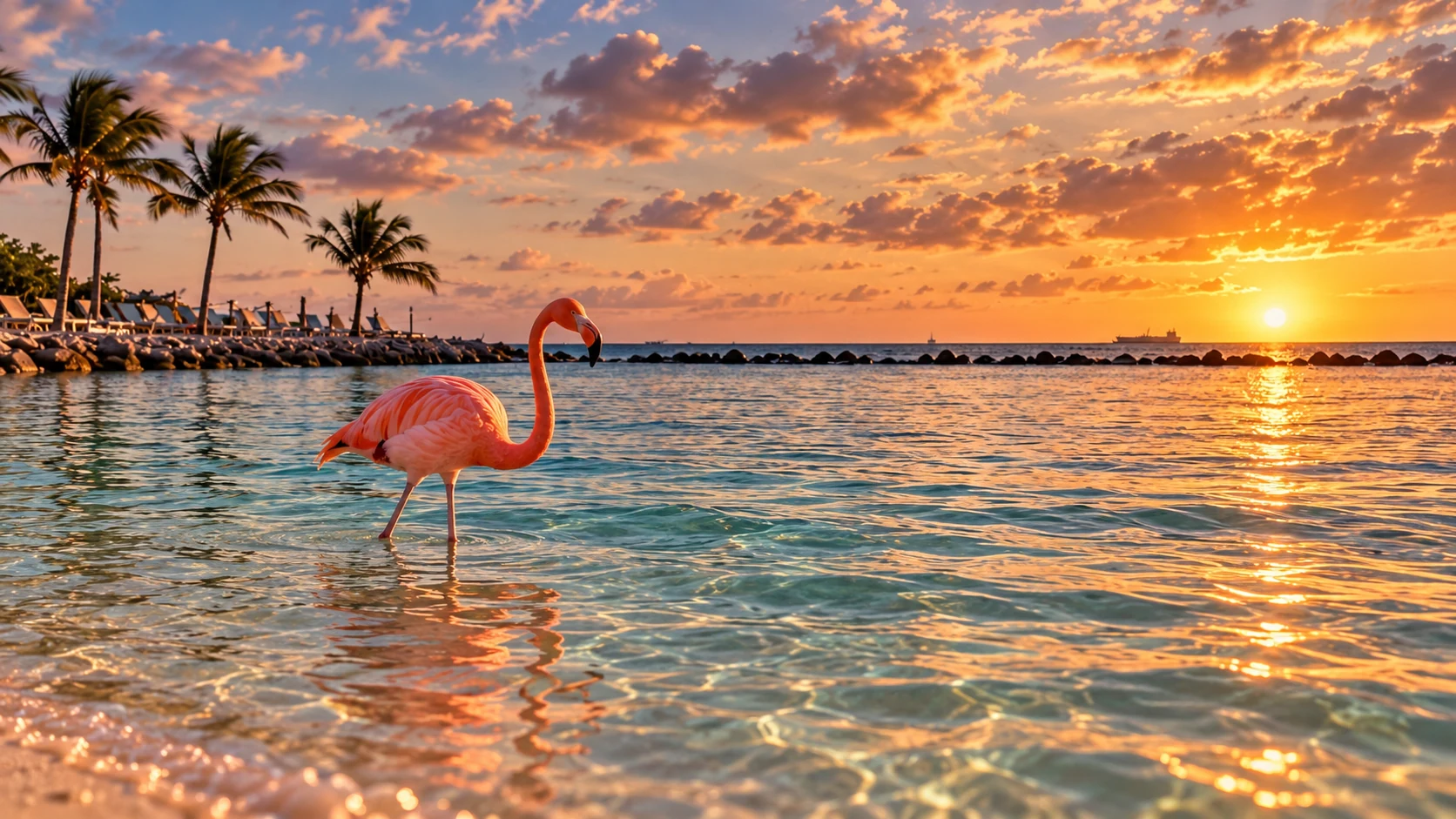 A pink flamingo standing in shallow water at sunset, with palm trees along the shore