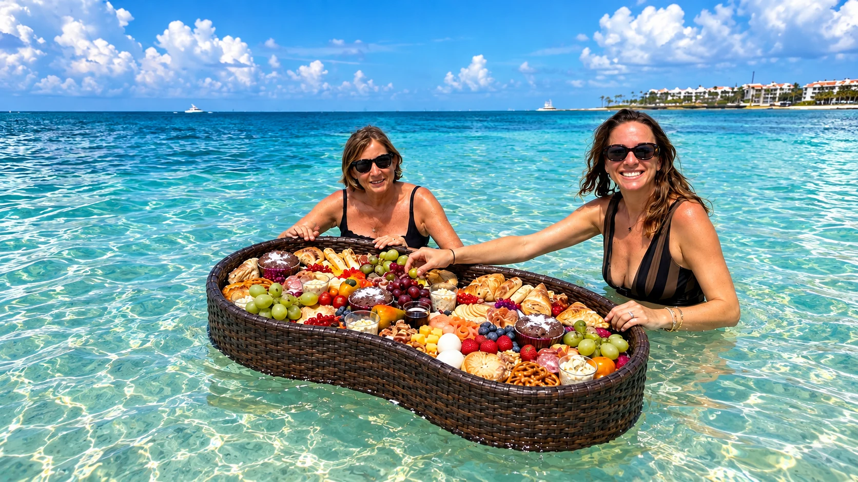 Guests enjoying a floating breakfast in shallow turquoise water