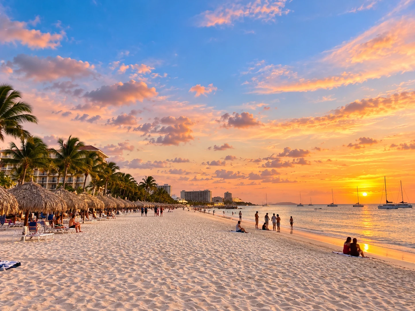 Palm Beach at sunset, with palapas, palm trees and sailboats along the shore