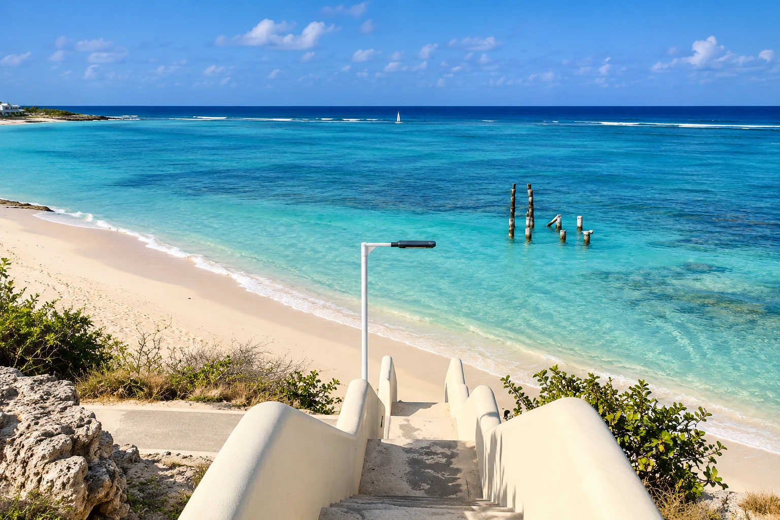 Rodgers Beach’s sandy shoreline and clear turquoise water, viewed from the beach access steps