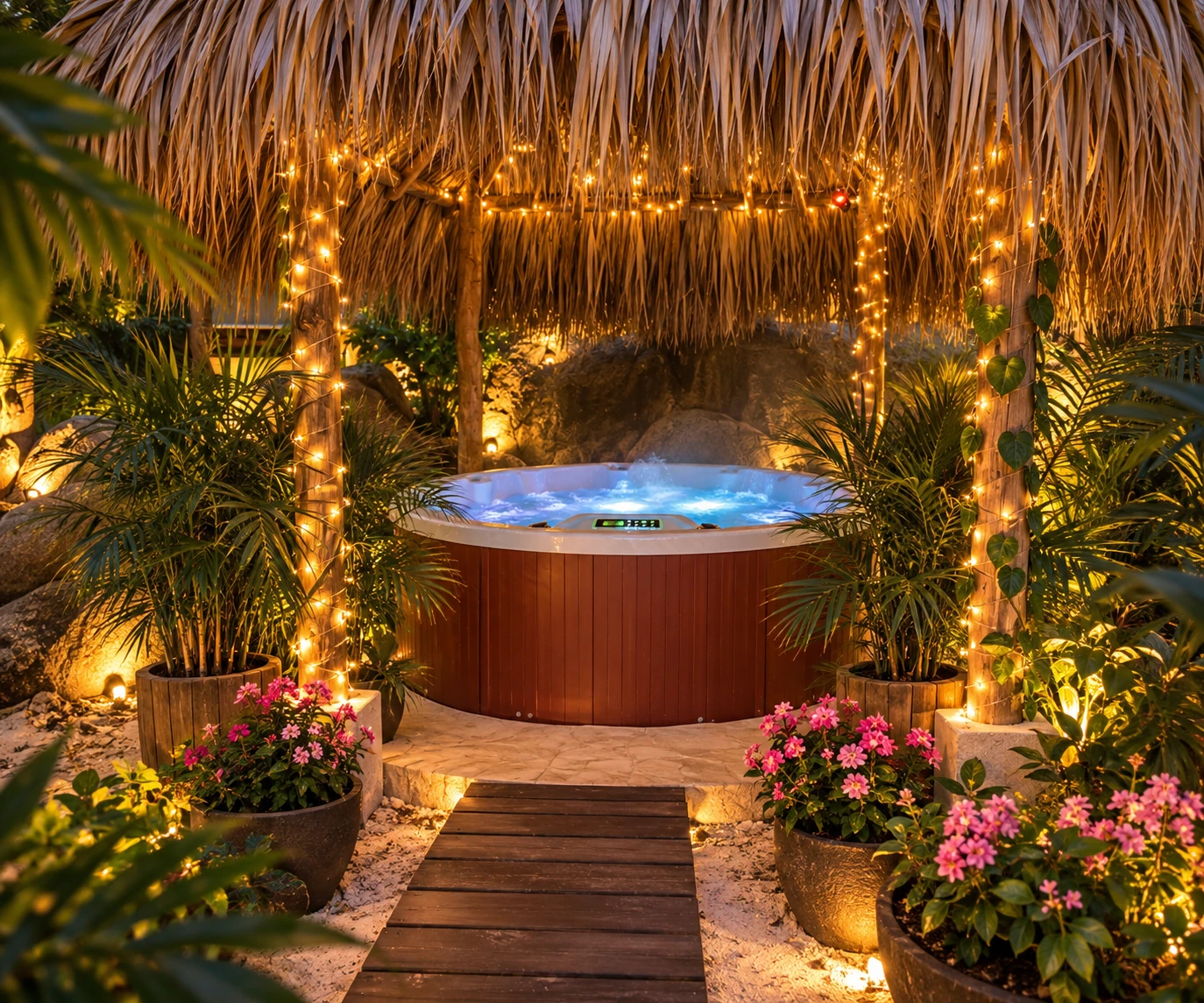 The separate Hot Tub Hut beneath a thatched palapa, surrounded by palms, boulders, flowers, and fairy lights