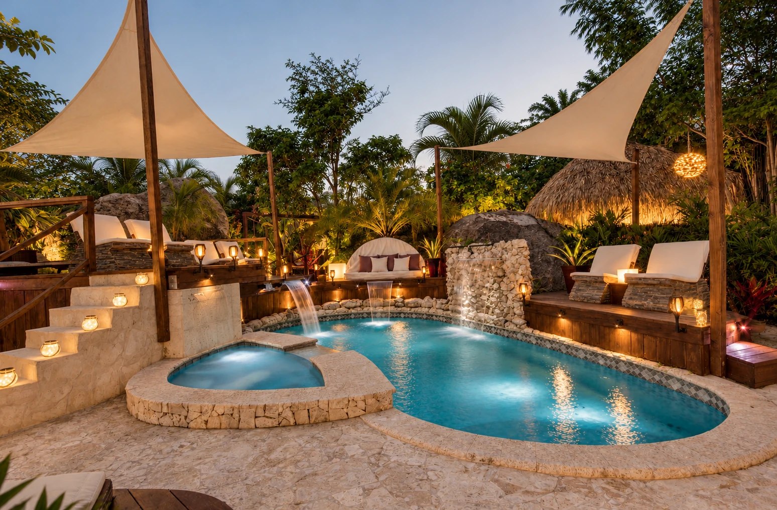 The outdoor lagoon pool and attached jetted spa at dusk, with waterfalls, loungers, and cream shade sails